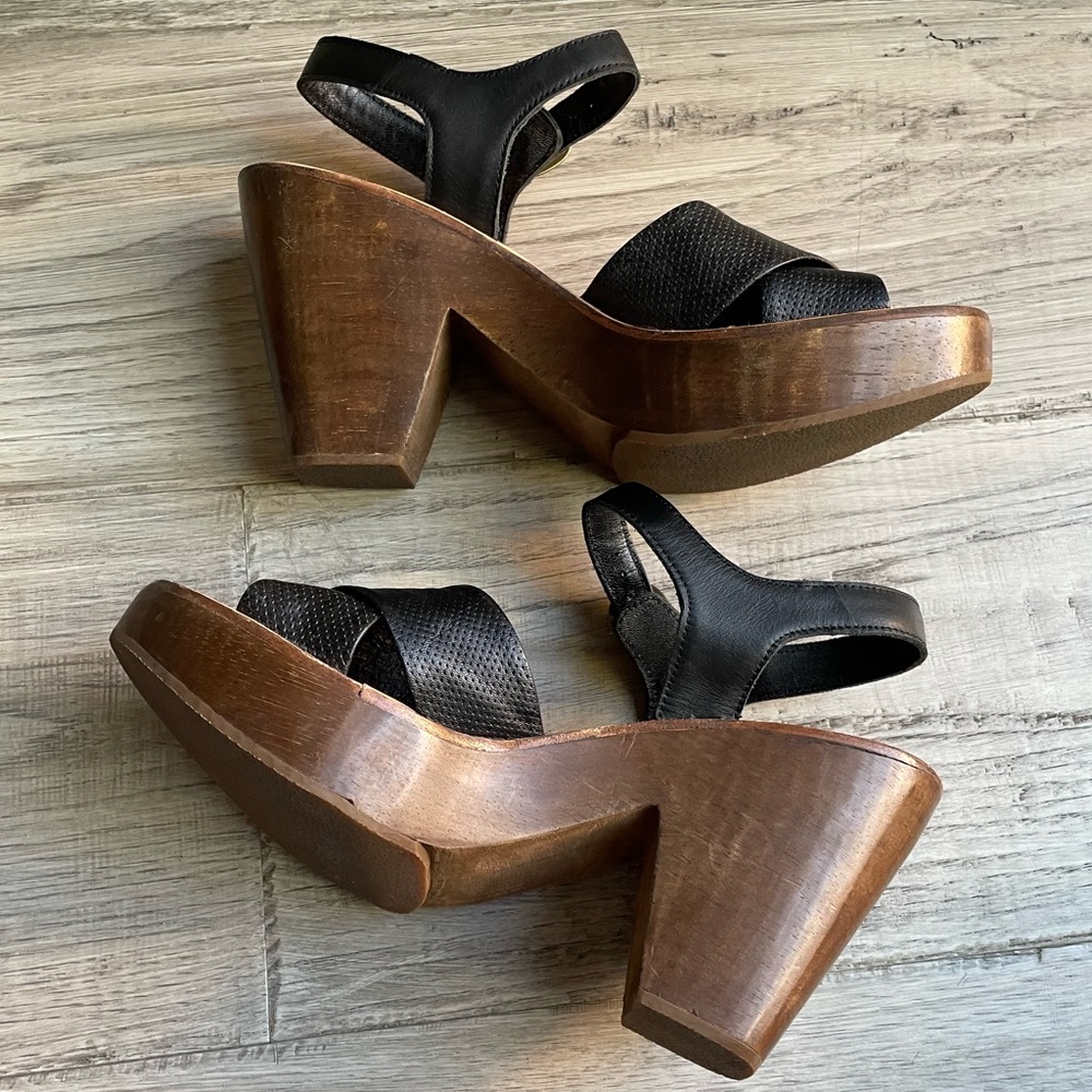 Rachel Comey Black Leather Cross-Strap Wedge Sandals with Wood Platform - Picture 8 of 16
